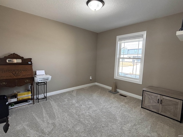 misc room featuring visible vents, baseboards, a textured ceiling, and carpet flooring