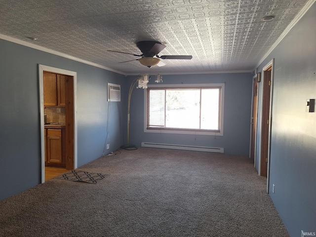 unfurnished room with an AC wall unit, ornamental molding, carpet flooring, a baseboard radiator, and ceiling fan