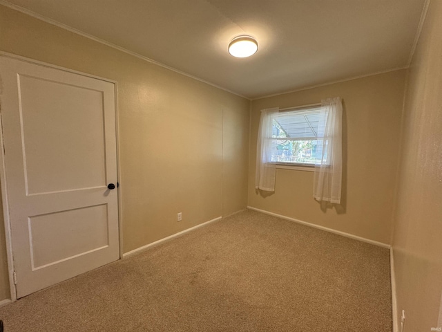 carpeted empty room with crown molding and baseboards