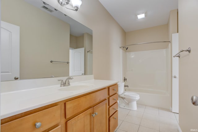 full bathroom featuring vanity, visible vents, tub / shower combination, tile patterned flooring, and toilet