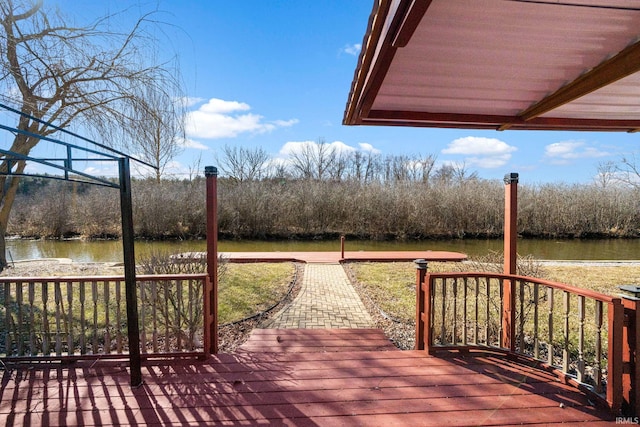 wooden terrace featuring a water view