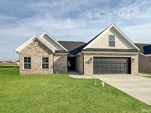 view of front of property featuring a garage, board and batten siding, concrete driveway, and a front lawn