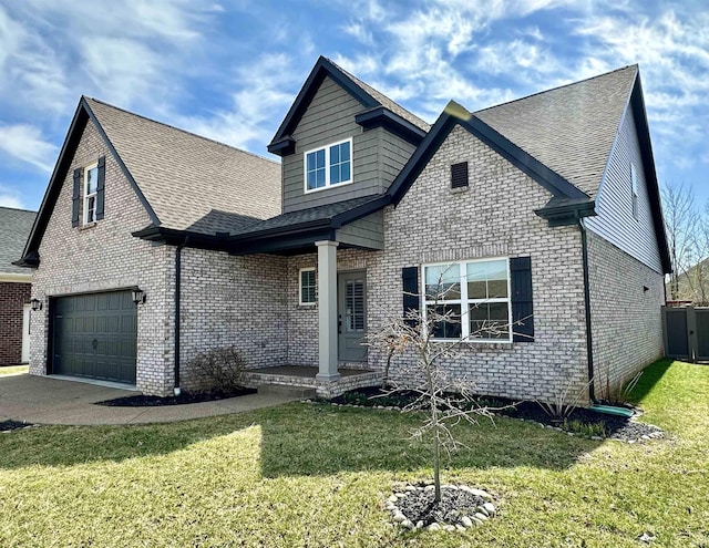 view of front of house featuring a garage, brick siding, a front lawn, and a shingled roof