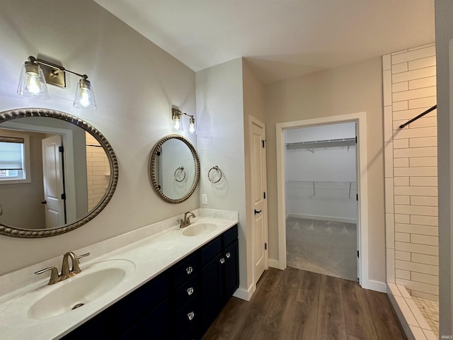 bathroom featuring a sink, a walk in closet, wood finished floors, and double vanity