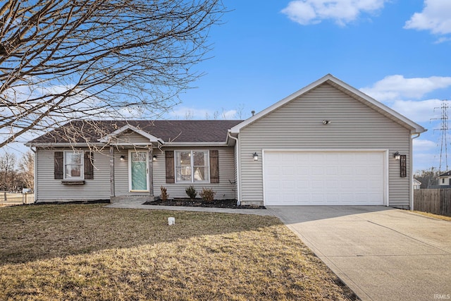 ranch-style home with driveway, a front lawn, a garage, and fence