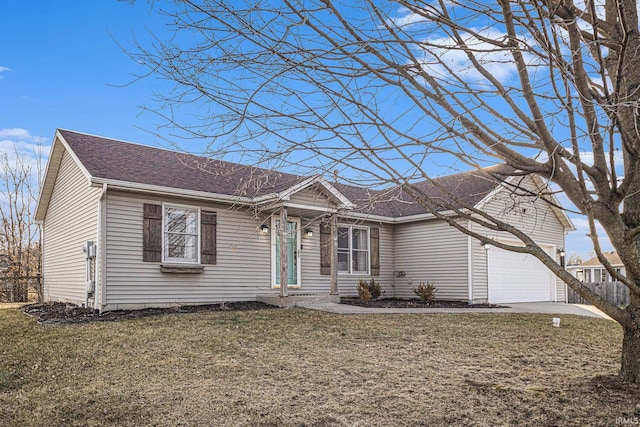 ranch-style house with driveway, an attached garage, a front yard, and a shingled roof