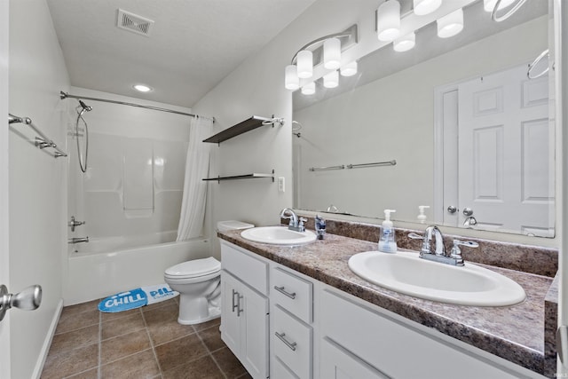 bathroom featuring visible vents, shower / bathtub combination with curtain, toilet, and a sink