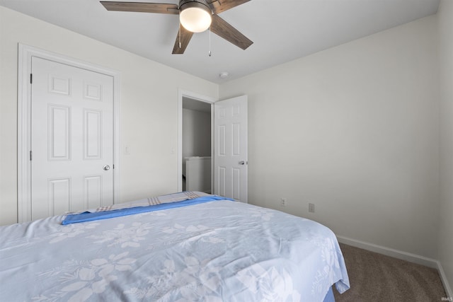 bedroom featuring a ceiling fan, baseboards, and carpet floors