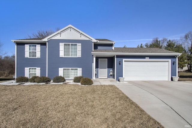 view of front of house featuring a front lawn, a garage, driveway, and roof with shingles