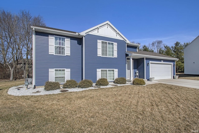 view of front of house featuring an attached garage, board and batten siding, concrete driveway, and a front yard