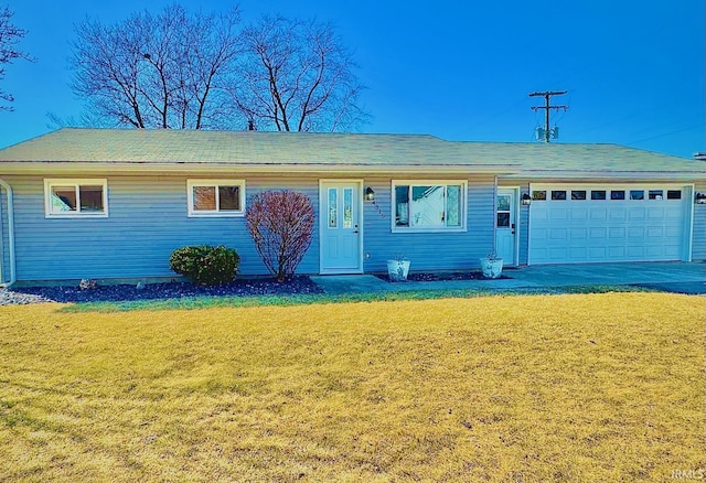 single story home with a front lawn and an attached garage