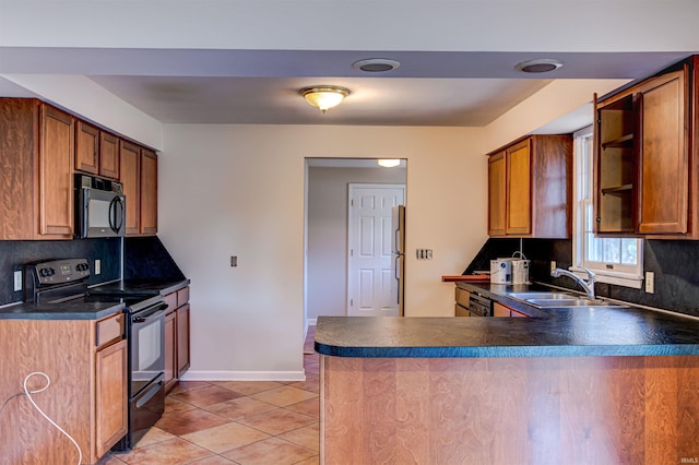 kitchen featuring a sink, light tile patterned floors, a peninsula, black appliances, and open shelves