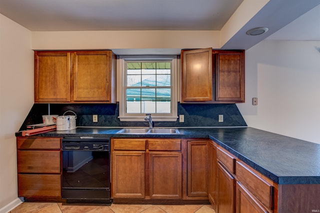 kitchen featuring a sink, decorative backsplash, black dishwasher, and dark countertops