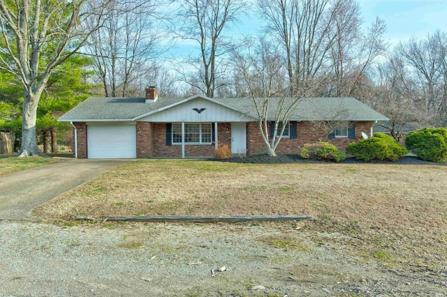 ranch-style house featuring a garage, brick siding, concrete driveway, and a front lawn