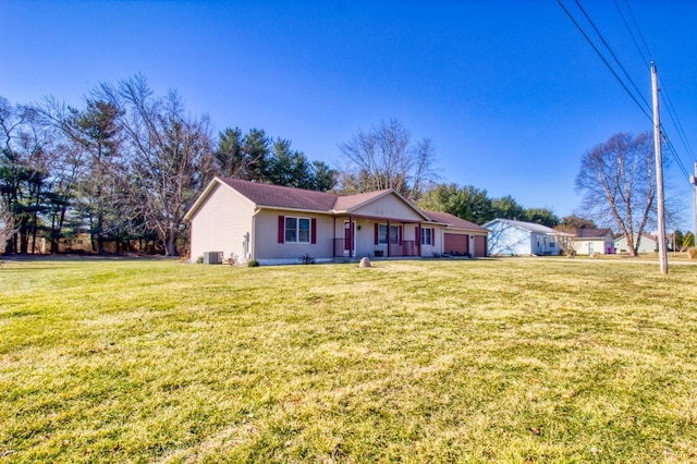 single story home featuring central air condition unit and a front lawn