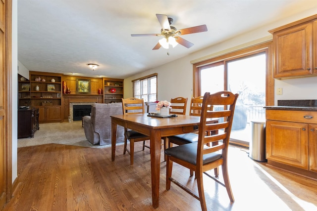 dining room with light wood-style floors, ceiling fan, and a fireplace