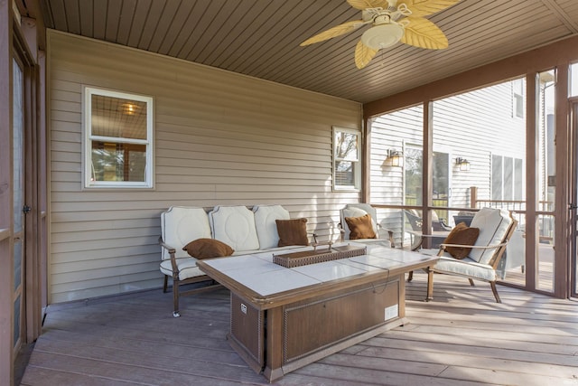 sunroom with wood ceiling and a ceiling fan