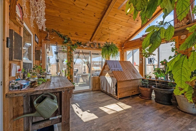 sunroom with lofted ceiling with beams and wooden ceiling