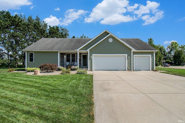 single story home with an attached garage, a shingled roof, driveway, and a front yard