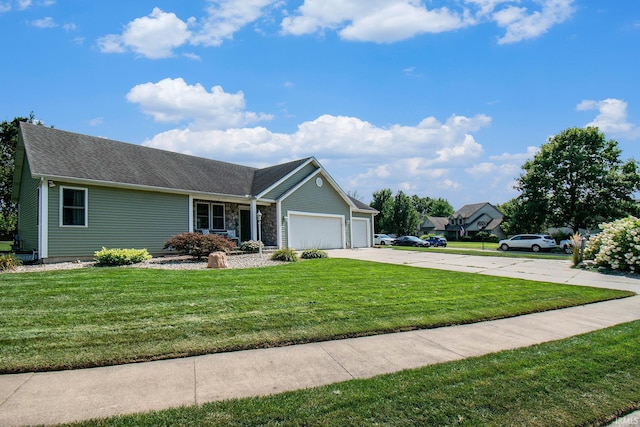 ranch-style home featuring driveway, stone siding, a front yard, a shingled roof, and a garage