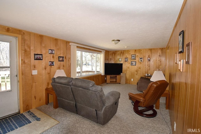 living area with wooden walls, a textured ceiling, and carpet floors