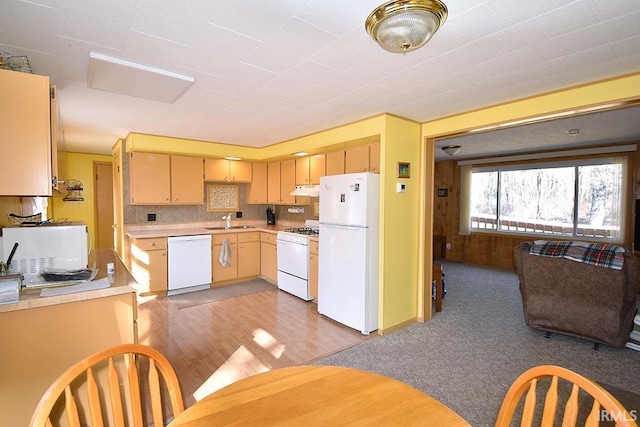 kitchen with light wood finished floors, under cabinet range hood, light countertops, white appliances, and a sink