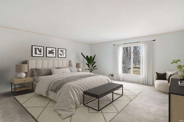 carpeted bedroom featuring crown molding