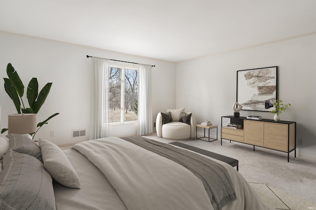 bedroom featuring ornamental molding, baseboards, visible vents, and light carpet