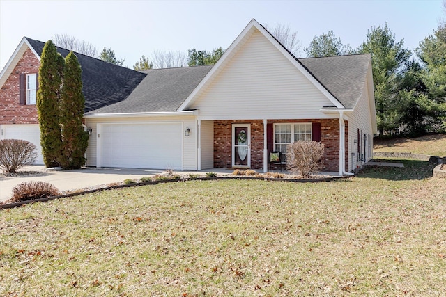 ranch-style home with a front yard, roof with shingles, concrete driveway, a garage, and brick siding