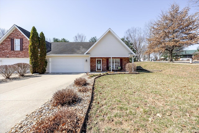 view of front facade featuring a garage, brick siding, concrete driveway, and a front yard