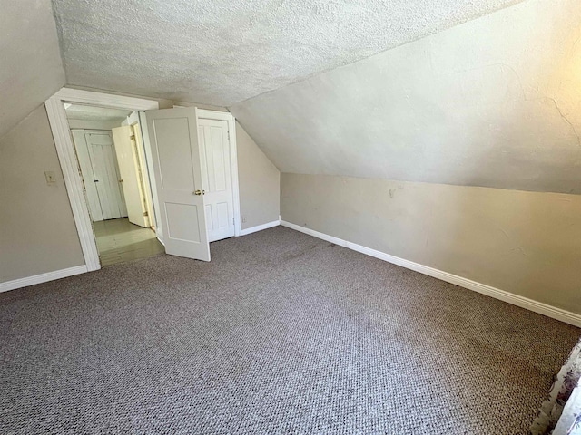 additional living space with lofted ceiling, baseboards, carpet floors, and a textured ceiling