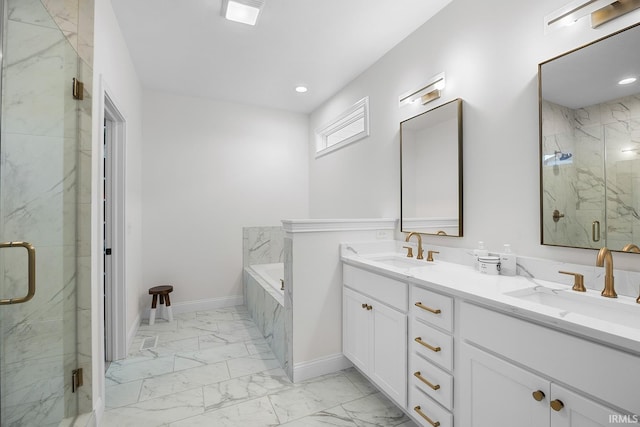 bathroom with a sink, a marble finish shower, and marble finish floor