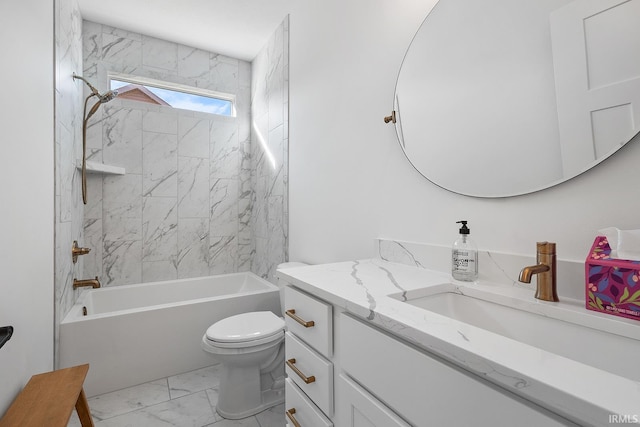 bathroom with toilet, marble finish floor, bathtub / shower combination, and vanity