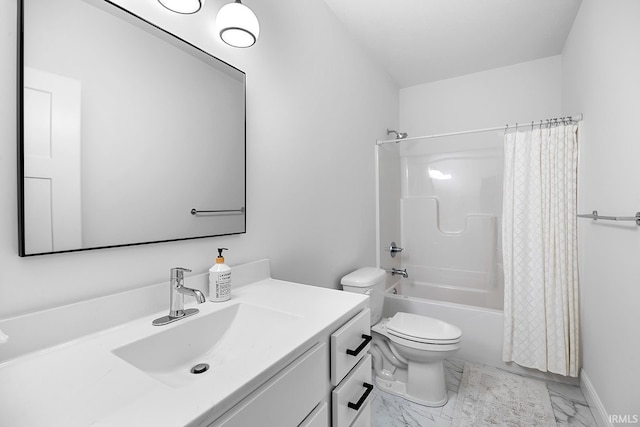 bathroom featuring toilet, marble finish floor, vanity, and shower / bath combination with curtain