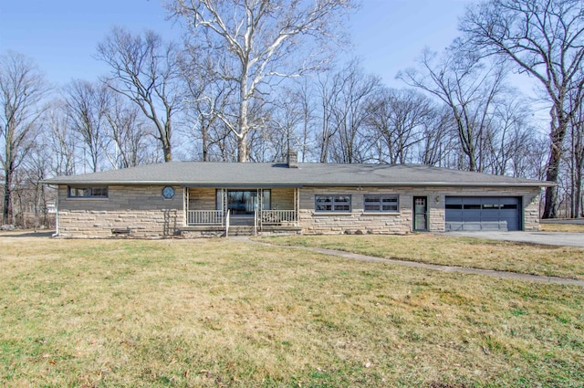 single story home with aphalt driveway, stone siding, a garage, and a front lawn