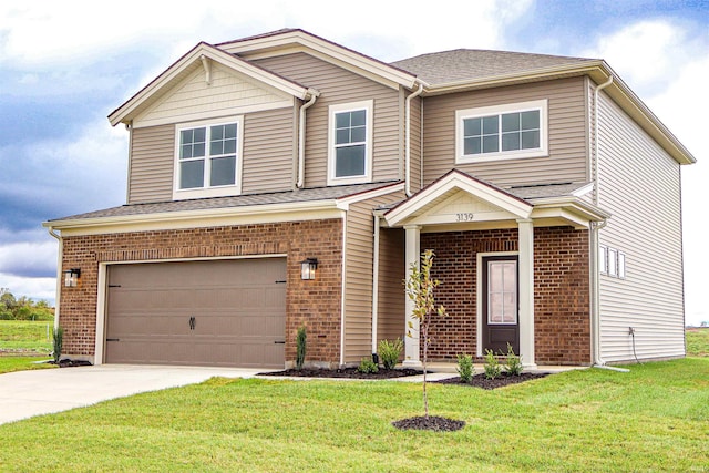 view of front facade with a front lawn, an attached garage, brick siding, and concrete driveway