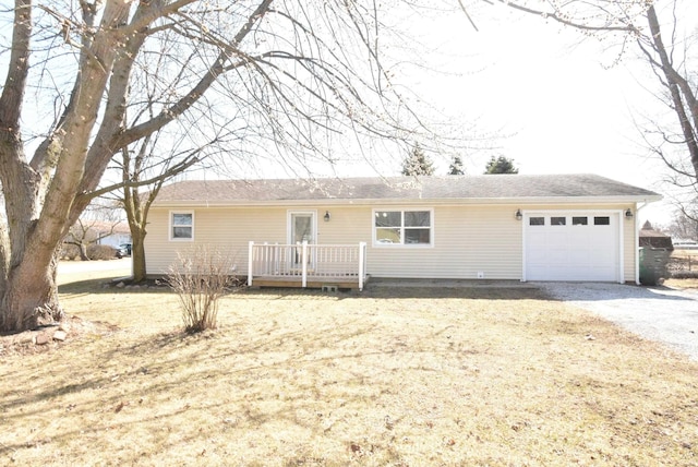 ranch-style house featuring driveway, a wooden deck, and a garage