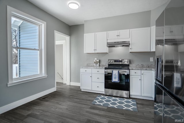 kitchen with stainless steel range with electric stovetop, white cabinets, fridge with ice dispenser, and under cabinet range hood