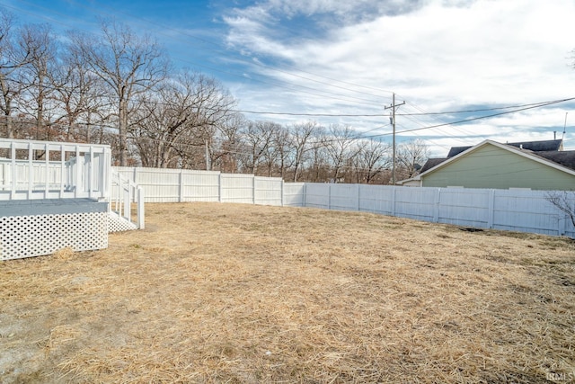 view of yard featuring a wooden deck and a fenced backyard