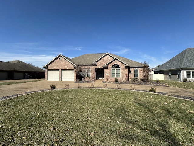 view of front of home featuring concrete driveway, a garage, brick siding, and a front yard