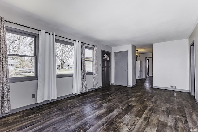 unfurnished living room with dark wood-type flooring