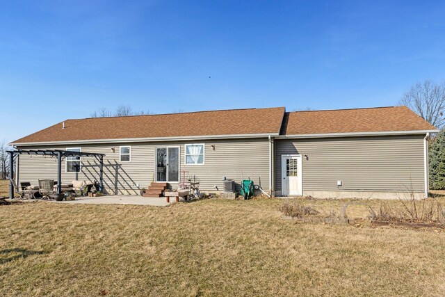 back of property with cooling unit, entry steps, a pergola, and a yard