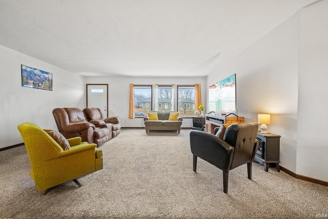 living area with baseboards and carpet floors