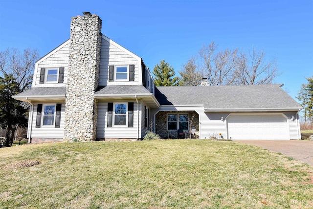 view of front of property with a garage, concrete driveway, a chimney, and a front lawn