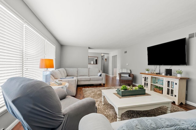 living room with baseboards and wood finished floors