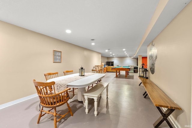 dining space featuring recessed lighting, pool table, concrete floors, and baseboards