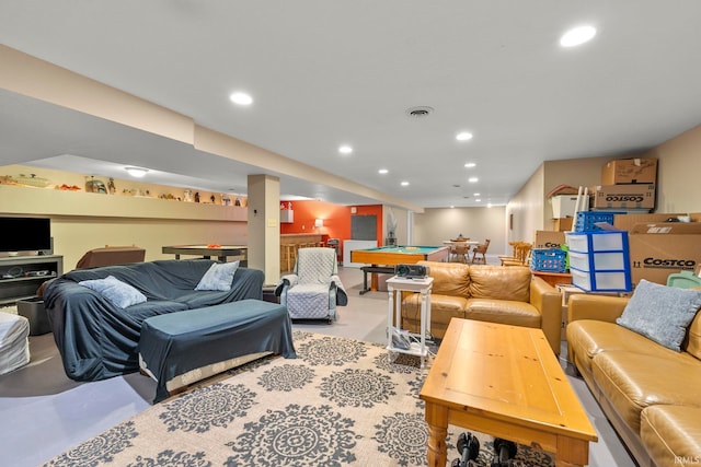 living area featuring recessed lighting, visible vents, finished concrete floors, and pool table