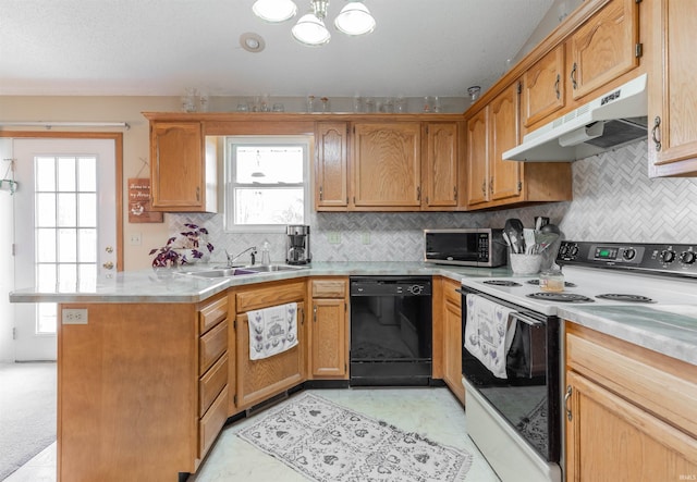 kitchen featuring stainless steel microwave, under cabinet range hood, white range with electric cooktop, dishwasher, and a sink