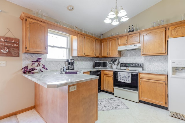 kitchen with under cabinet range hood, black dishwasher, electric range oven, white fridge with ice dispenser, and a peninsula