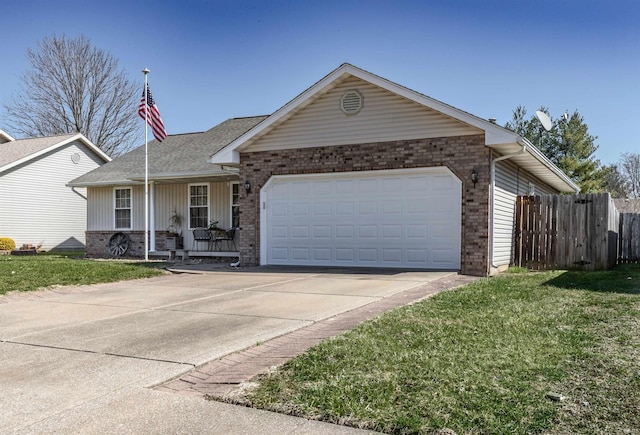 ranch-style home featuring an attached garage, fence, brick siding, and driveway